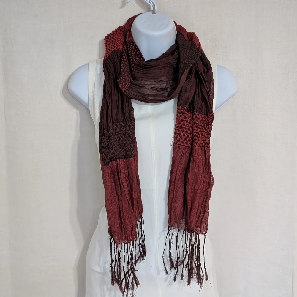 Burgundy Striped Textured Crepe Scrunched Long Rectangle Scarf with Fringe